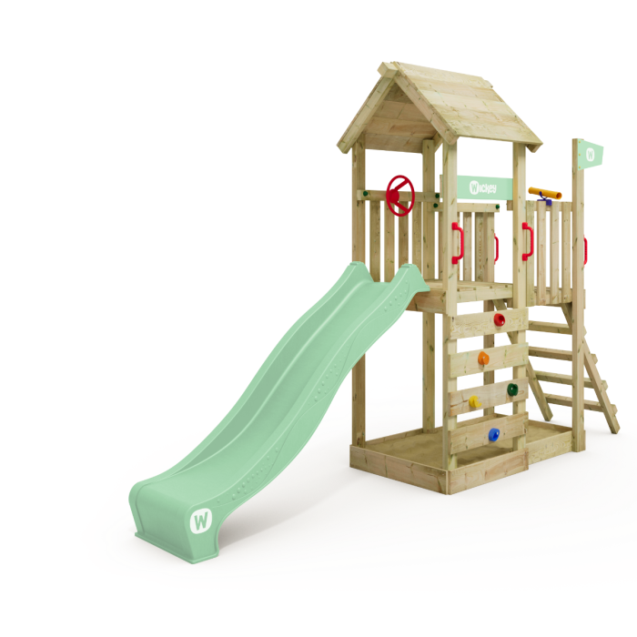 Parco giochi con scivolo Wickey Multiflyer con tetto in legno e struttura per arrampicata main product photo