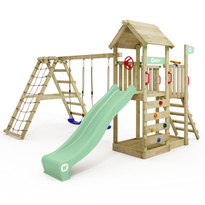 Parco giochi con scivolo Wickey Multiflyer con tetto in legno e struttura per arrampicata main product photo