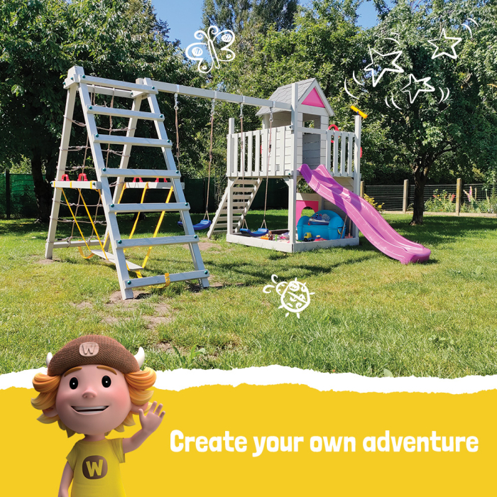 Gioco da giardino WICKEY Smart Camp con altalena e scivolo verde, struttura da  esterno per bambini con sabbiera, scaletta e accessori da gioco :  : Giochi e giocattoli